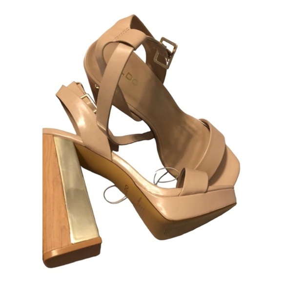 Aldo tan open toe stacked gold mirrored wooden platform heels size 10‎ brand new - Picture 4 of 14
